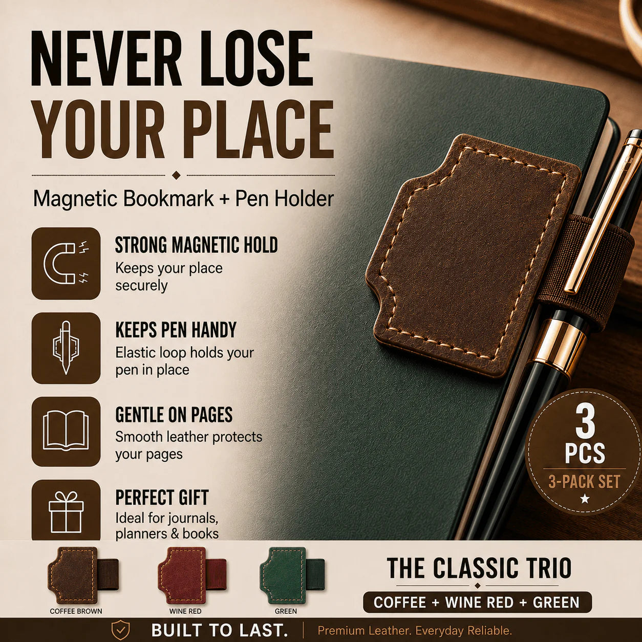 Magnetic Leather Pen Holder Bookmark